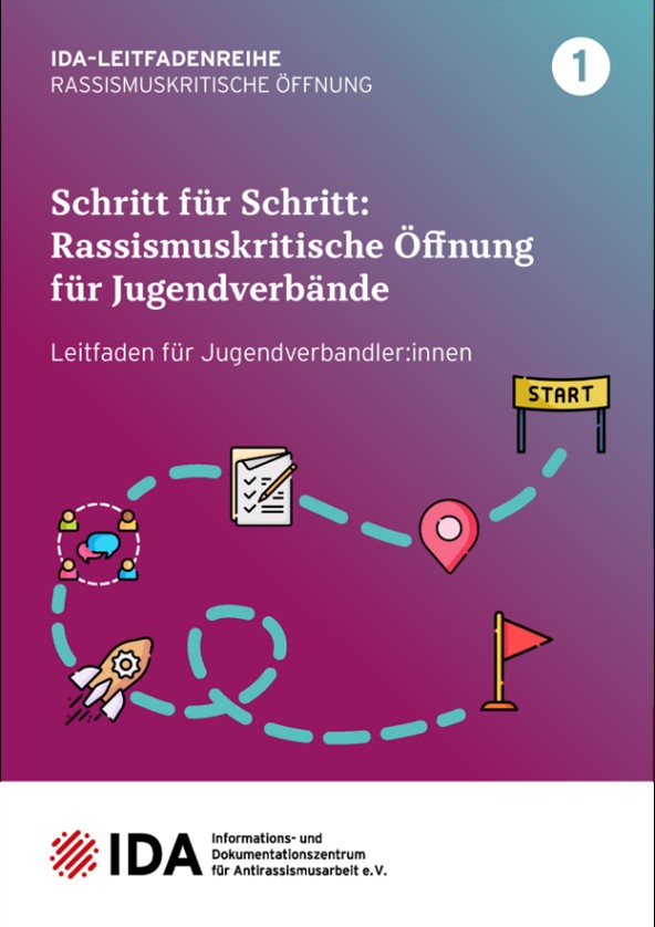 Das Cover des IDA-Leitfadens zeigt auf lila Hintergrund im oberen Teil den Titel in weißer Schrift. Von einem Startbanner schlängelt sich eine hellblaue Linie zu einer roten dreieckigen Zielfahne. Auf der blauen Linie befinden sich in regelmäßigen Abständen zuerst eine Ortsmarkierung, eine Checkliste mit Bleistift, die stilisierten Öberkörper von vier Personen in einem gestrichelten Kreis mit zwei Sprechblasen und eine Rakete. Unten auf der Seite ist auf weißem Untergrund die IDA-Wort-Bild-Marke zu sehen.